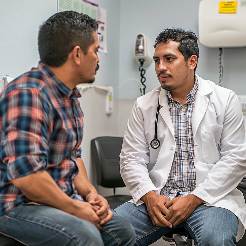 Profesional de la salud realizando un examen médico a un paciente masculino en un entorno clínico, con el paciente sentado en una camilla y vistiendo una camisa de cuadros y jeans, para la sección Exámenes Médicos de Salud Empresarial de México.