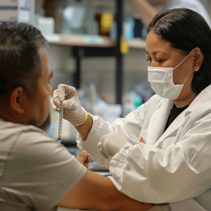 Profesional de la salud realizando una prueba de laboratorio a un paciente masculino, ambos con batas blancas, en un entorno de laboratorio con equipos y suministros médicos, para la sección Laboratorios y Pruebas de Salud Empresarial de México.