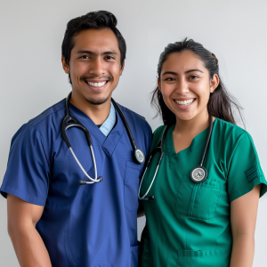 Dos profesionales de la salud, un hombre y una mujer, de pie juntos y sonriendo, el hombre lleva un uniforme de quirófano azul con un estetoscopio alrededor del cuello, y la mujer lleva un uniforme de quirófano verde, también con un estetoscopio, para la sección Personal Médico en Planta de Salud Empresarial de México.